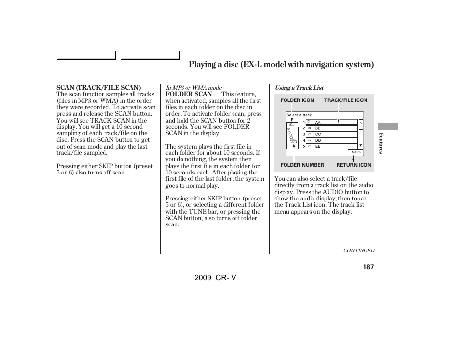 Playing a disc (ex-l model with navigation system), 2009 cr- v | HONDA 2009 CR-V User Manual | Page 191 / 373