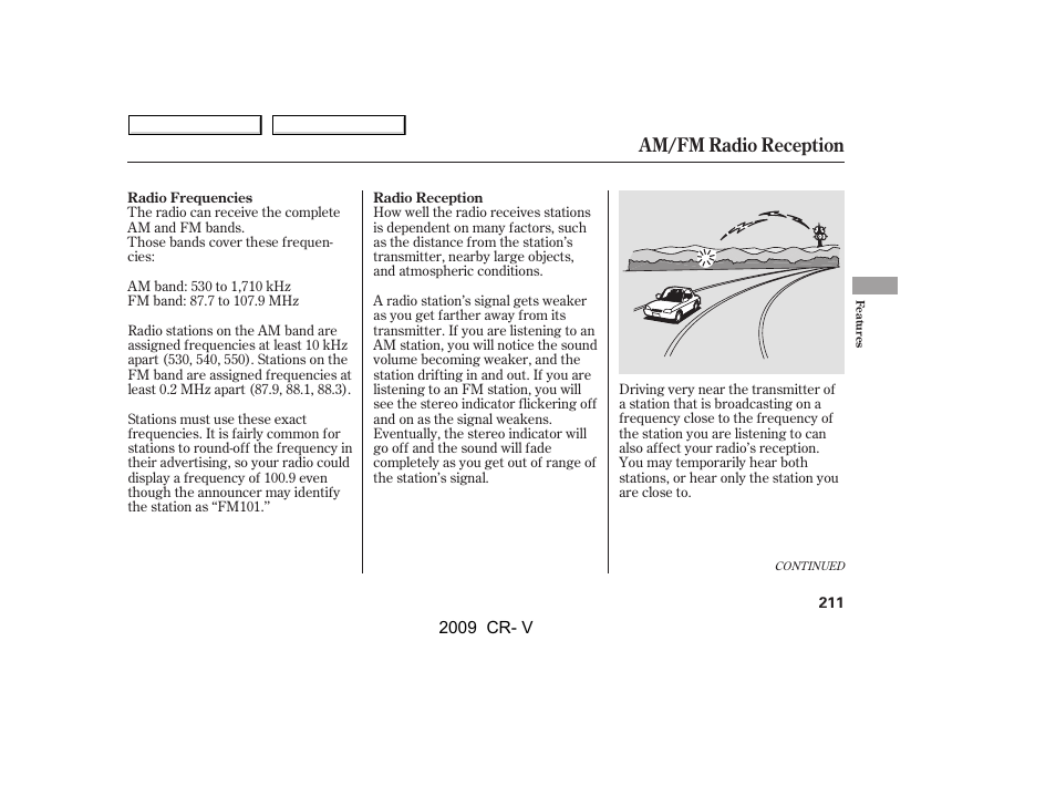 Am/fm radio reception | HONDA 2009 CR-V User Manual | Page 215 / 373