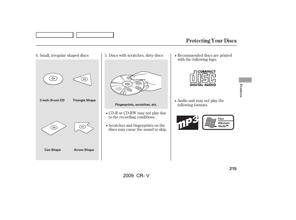 Protecting your discs, 2009 cr- v | HONDA 2009 CR-V User Manual | Page 219 / 373