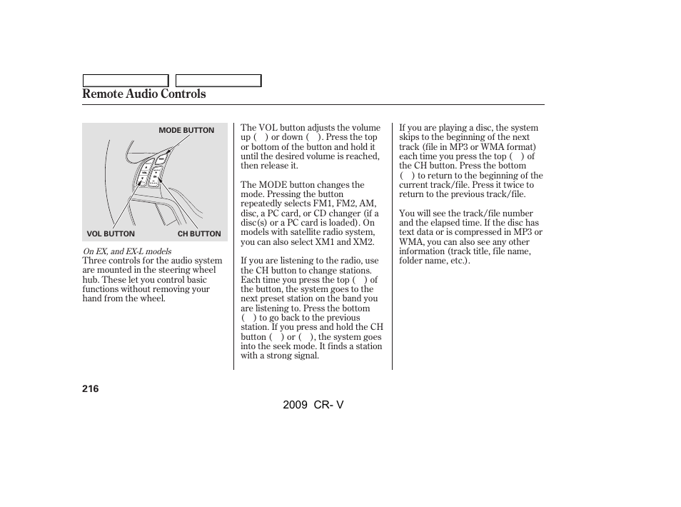 Remote audio controls | HONDA 2009 CR-V User Manual | Page 220 / 373