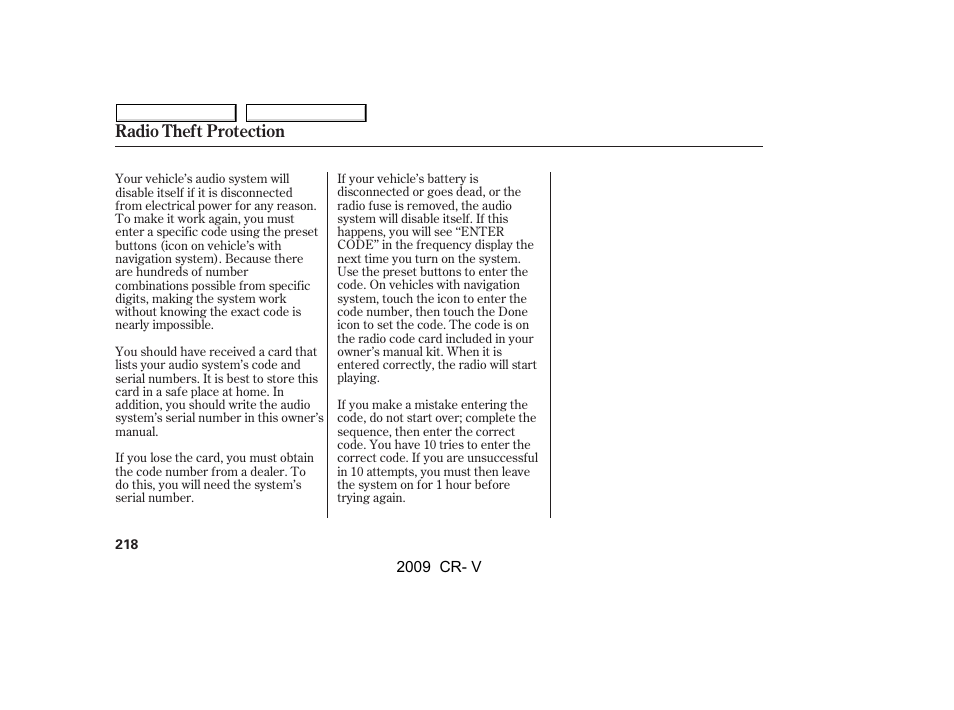 Radio theft protection | HONDA 2009 CR-V User Manual | Page 222 / 373