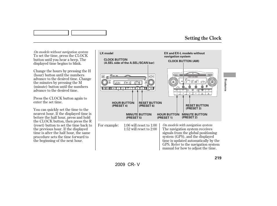 Setting the clock, 2009 cr- v | HONDA 2009 CR-V User Manual | Page 223 / 373