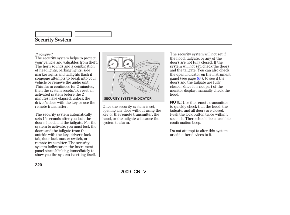Security system | HONDA 2009 CR-V User Manual | Page 224 / 373
