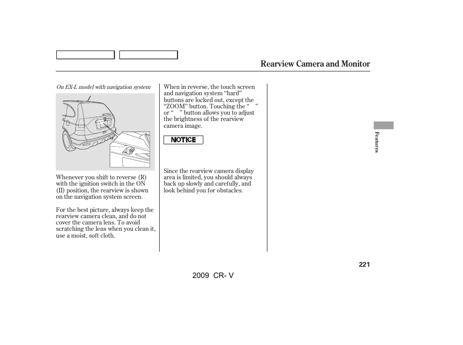Rearview camera and monitor | HONDA 2009 CR-V User Manual | Page 225 / 373