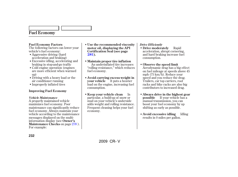 Fuel economy | HONDA 2009 CR-V User Manual | Page 236 / 373