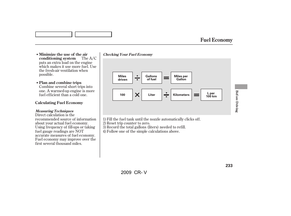 Fuel economy, 2009 cr- v | HONDA 2009 CR-V User Manual | Page 237 / 373