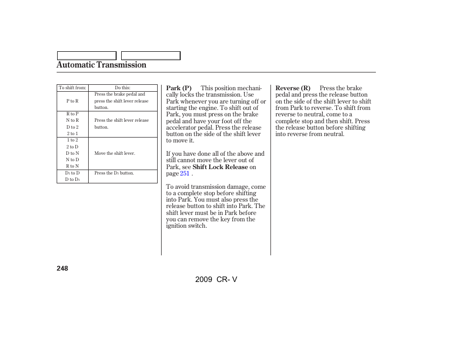 Automatic transmission, 2009 cr- v | HONDA 2009 CR-V User Manual | Page 252 / 373