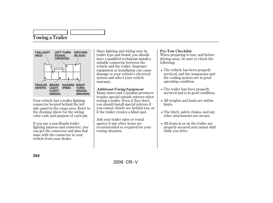 Towing a trailer | HONDA 2009 CR-V User Manual | Page 268 / 373