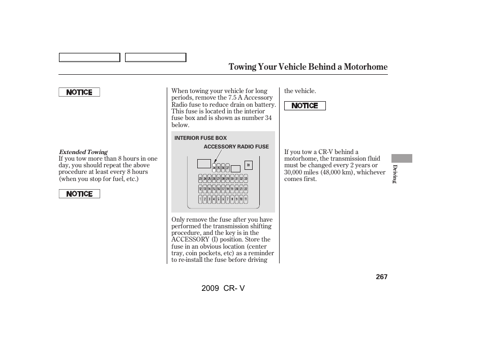 Towing your vehicle behind a motorhome | HONDA 2009 CR-V User Manual | Page 271 / 373