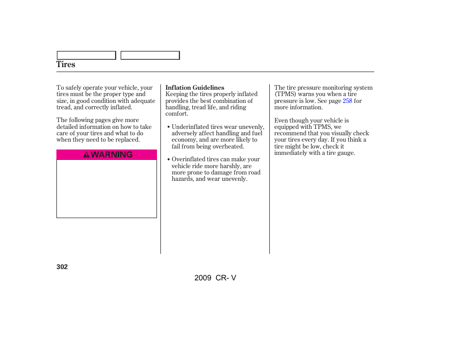 Tires | HONDA 2009 CR-V User Manual | Page 306 / 373