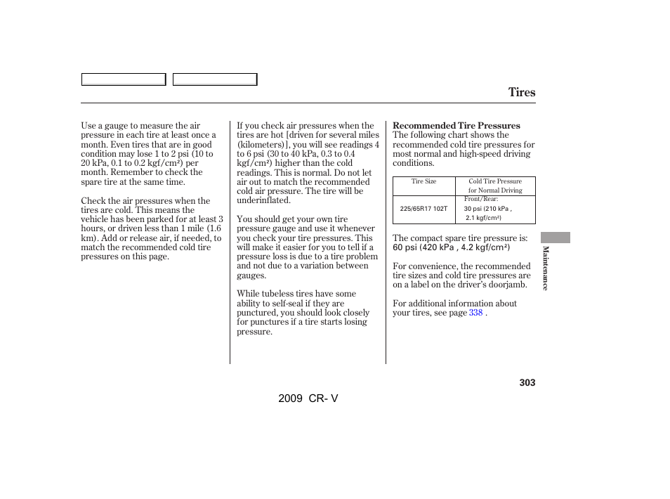 Tires, 2009 cr- v | HONDA 2009 CR-V User Manual | Page 307 / 373