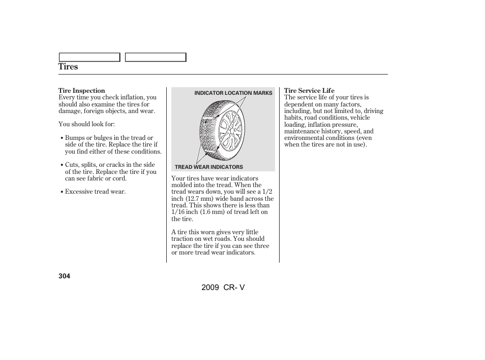 Tires | HONDA 2009 CR-V User Manual | Page 308 / 373