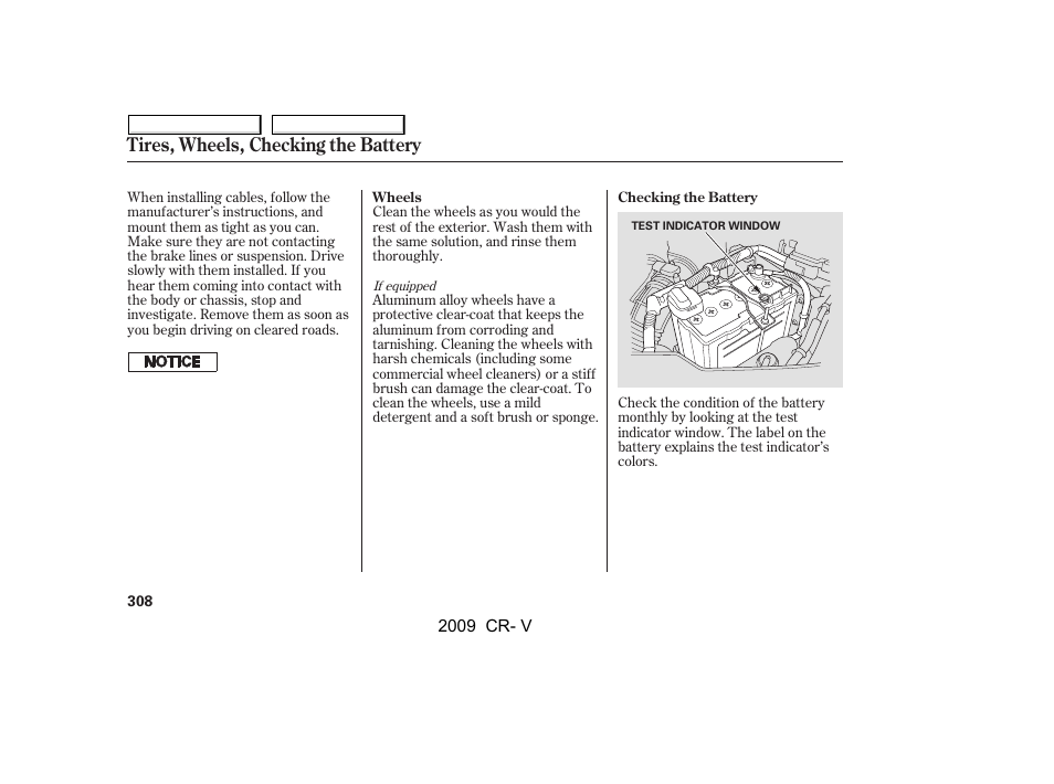 Tires, wheels, checking the battery | HONDA 2009 CR-V User Manual | Page 312 / 373