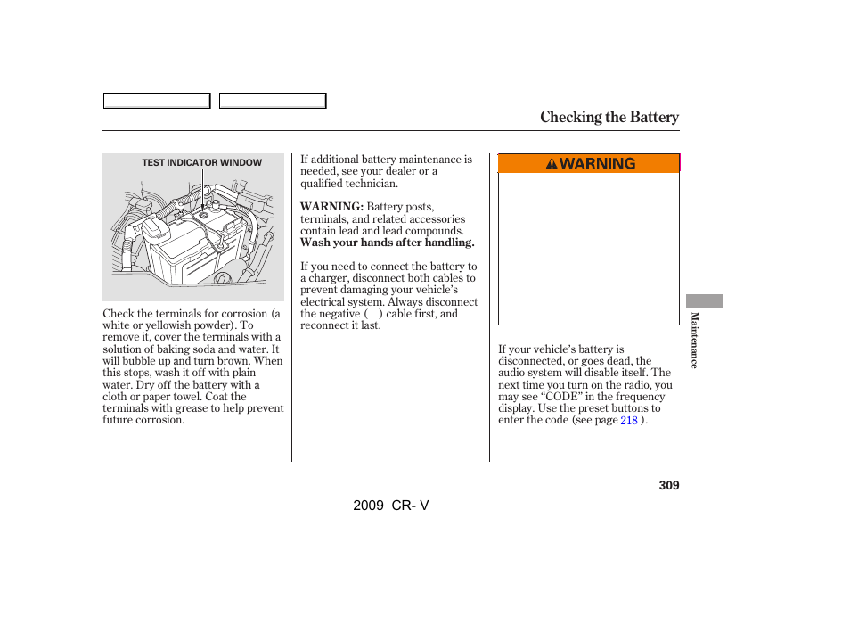 Checking the battery | HONDA 2009 CR-V User Manual | Page 313 / 373