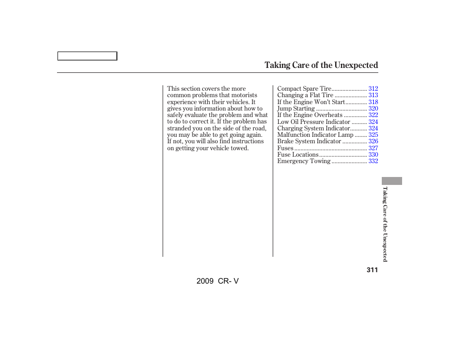 Taking care of the unexpected | HONDA 2009 CR-V User Manual | Page 315 / 373