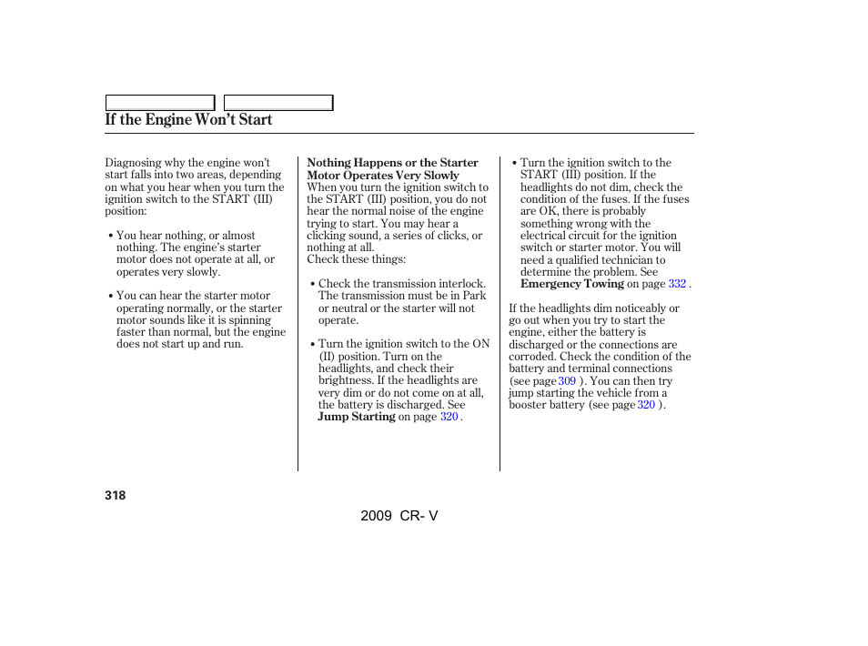 If the engine won’t start | HONDA 2009 CR-V User Manual | Page 322 / 373