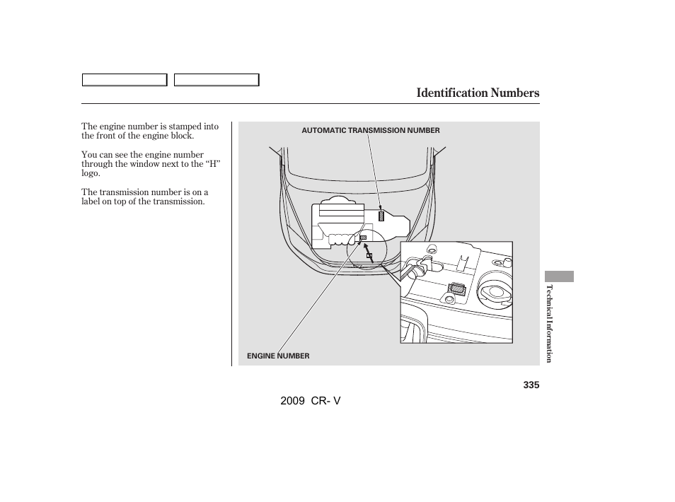 Identification numbers, 2009 cr- v | HONDA 2009 CR-V User Manual | Page 339 / 373