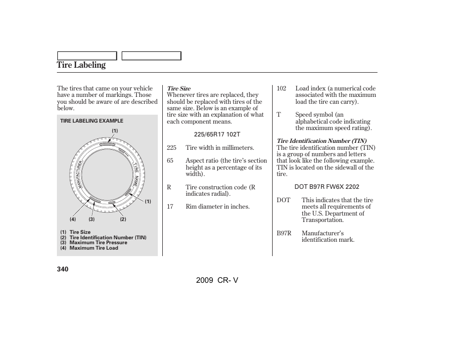 Tire labeling | HONDA 2009 CR-V User Manual | Page 344 / 373