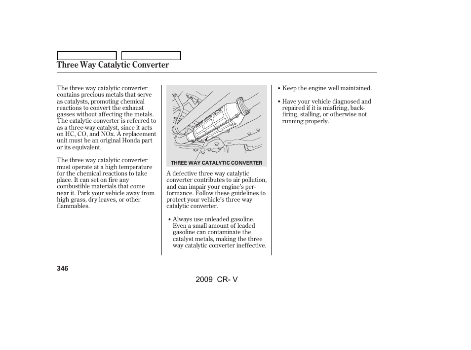 Three way catalytic converter | HONDA 2009 CR-V User Manual | Page 350 / 373