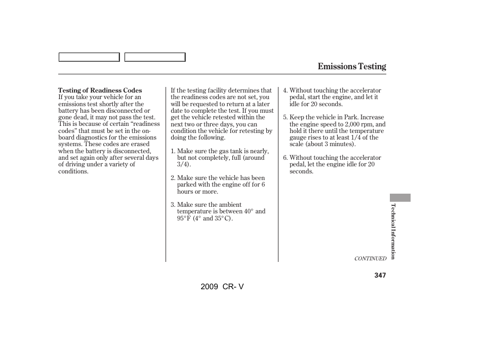 Emissions testing | HONDA 2009 CR-V User Manual | Page 351 / 373