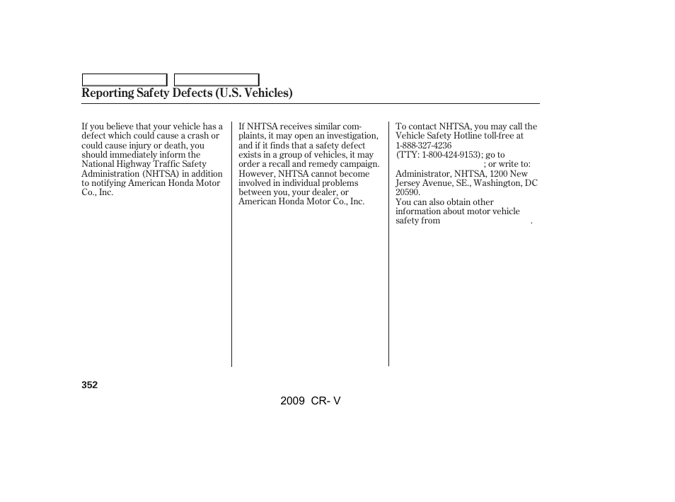 Reporting safety defects (u.s. vehicles) | HONDA 2009 CR-V User Manual | Page 356 / 373