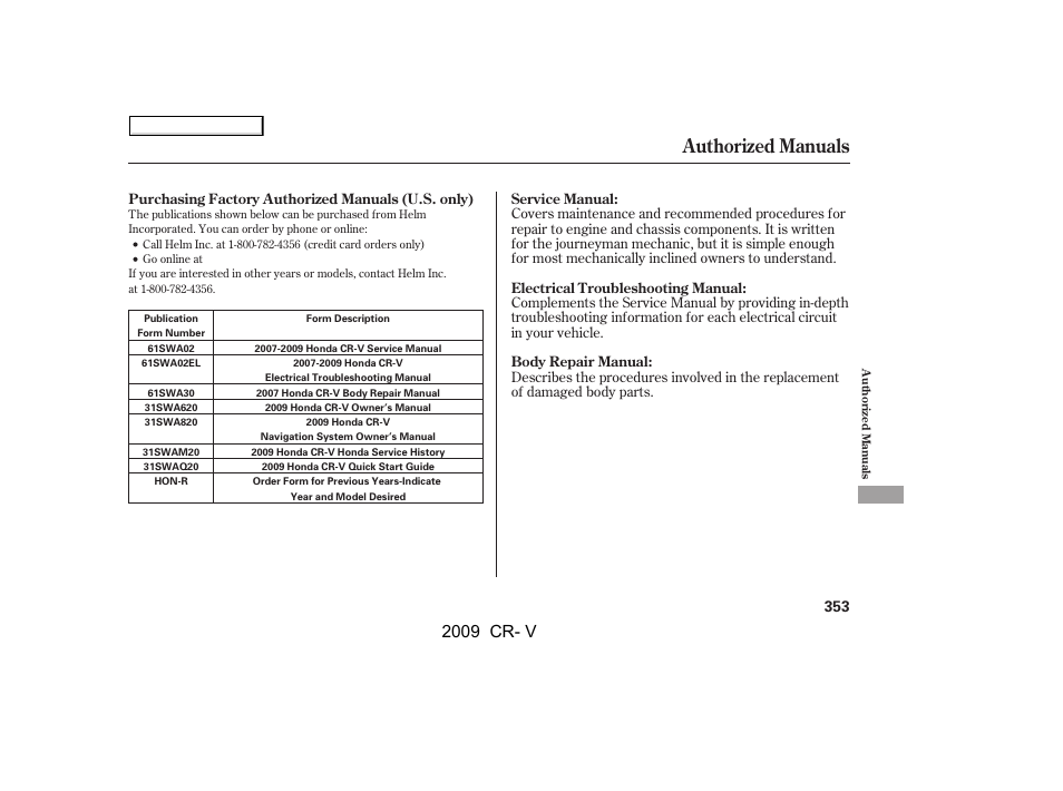 Authorized manuals, 2009 cr- v | HONDA 2009 CR-V User Manual | Page 357 / 373
