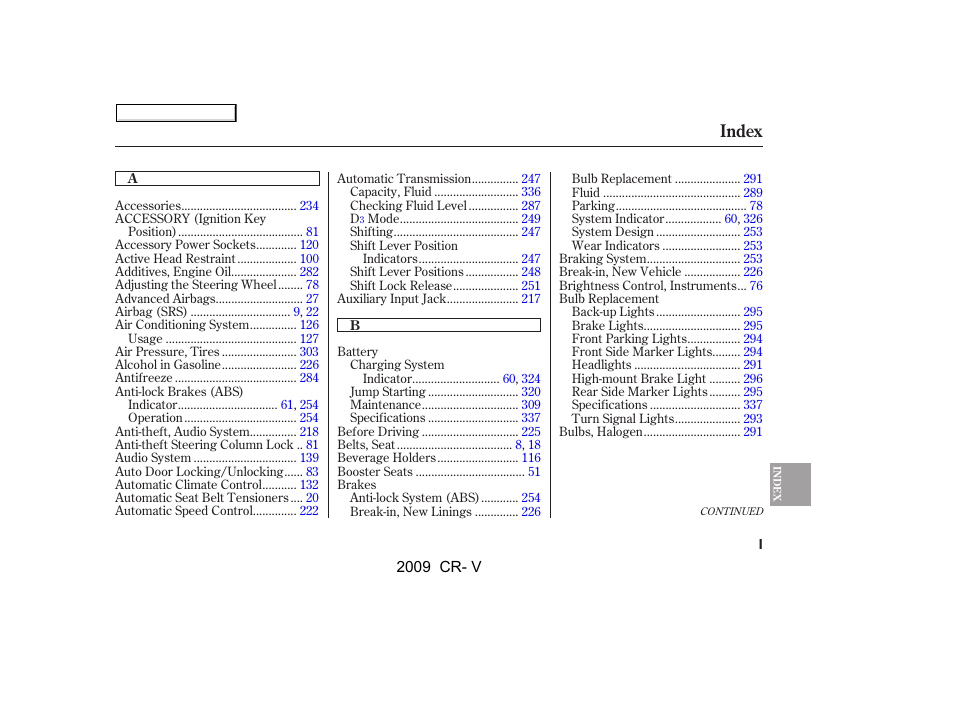 Index | HONDA 2009 CR-V User Manual | Page 359 / 373