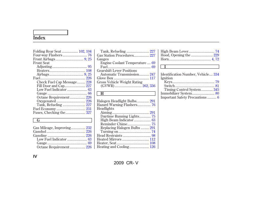 Index | HONDA 2009 CR-V User Manual | Page 362 / 373