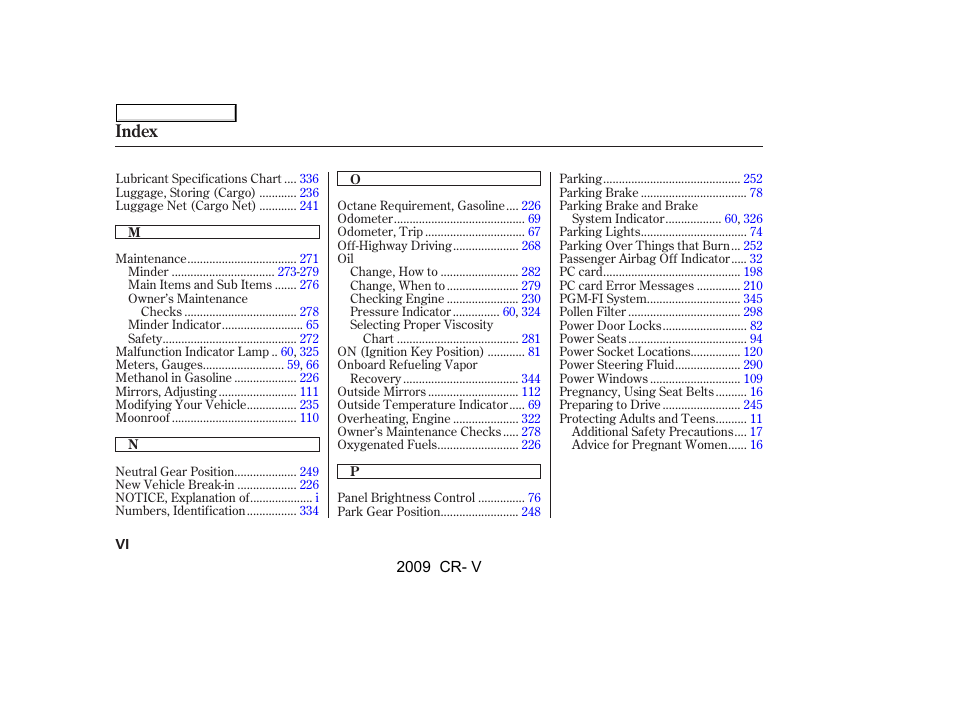 Index | HONDA 2009 CR-V User Manual | Page 364 / 373