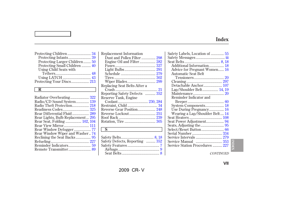 Index | HONDA 2009 CR-V User Manual | Page 365 / 373