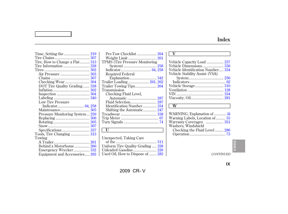 Index | HONDA 2009 CR-V User Manual | Page 367 / 373