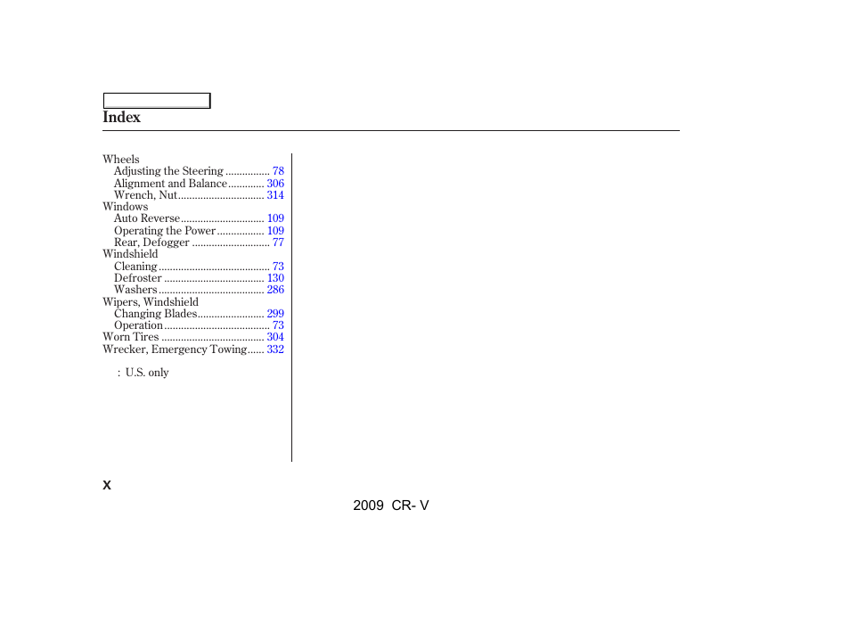 Index | HONDA 2009 CR-V User Manual | Page 368 / 373