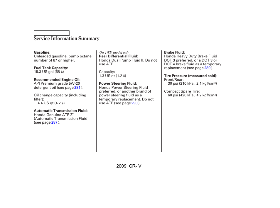 Service information summary | HONDA 2009 CR-V User Manual | Page 372 / 373