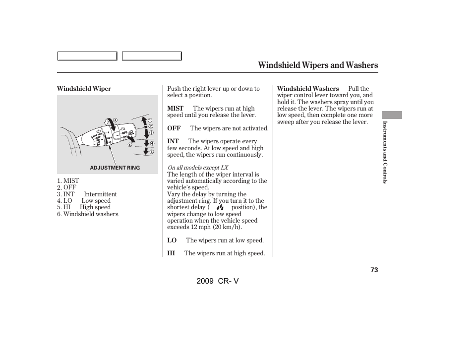 Windshield wipers and washers | HONDA 2009 CR-V User Manual | Page 77 / 373