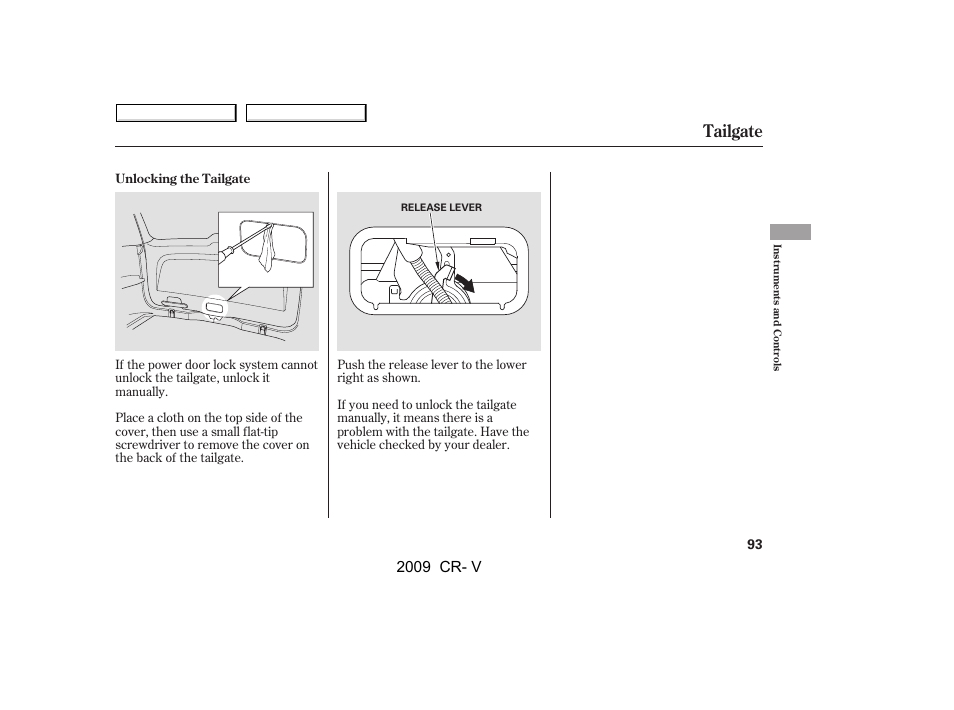 Tailgate, 2009 cr- v | HONDA 2009 CR-V User Manual | Page 97 / 373