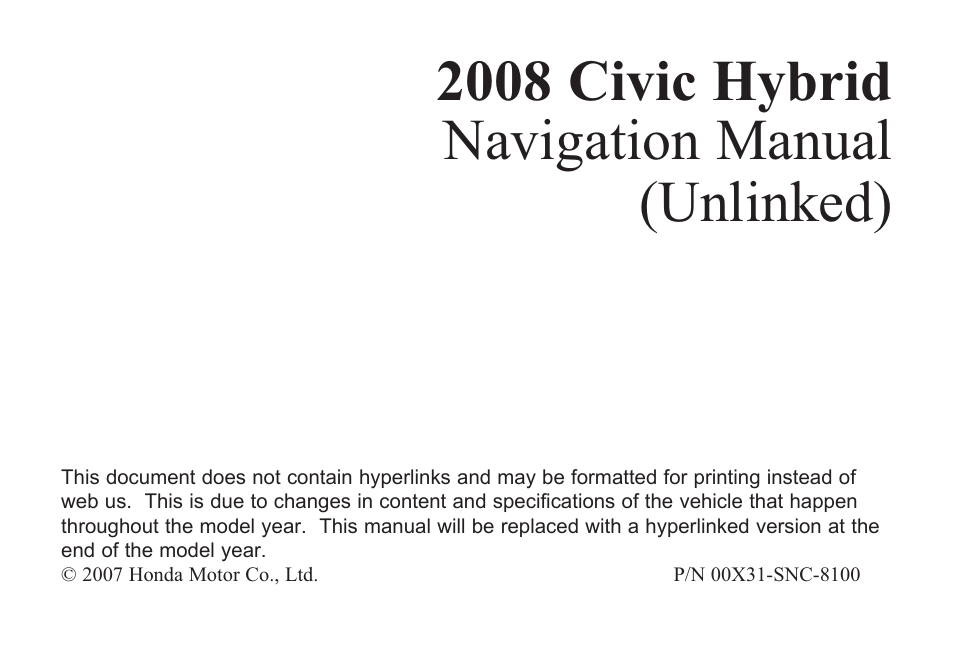 HONDA 2008 Civic Hybrid 00X31-SNC-8100 User Manual | 146 pages