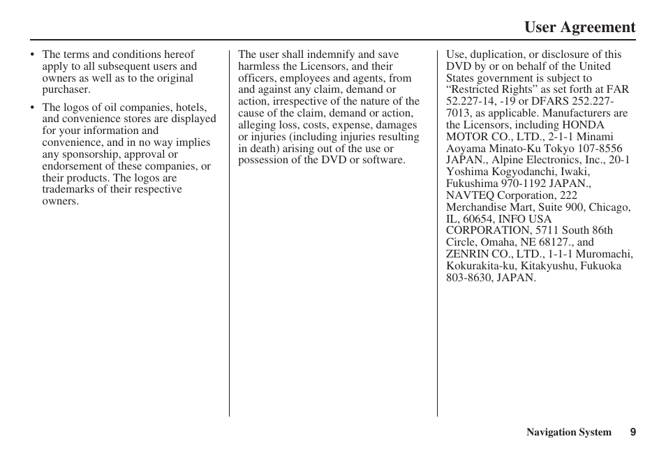 User agreement | HONDA 2008 Civic Hybrid 00X31-SNC-8100 User Manual | Page 10 / 146