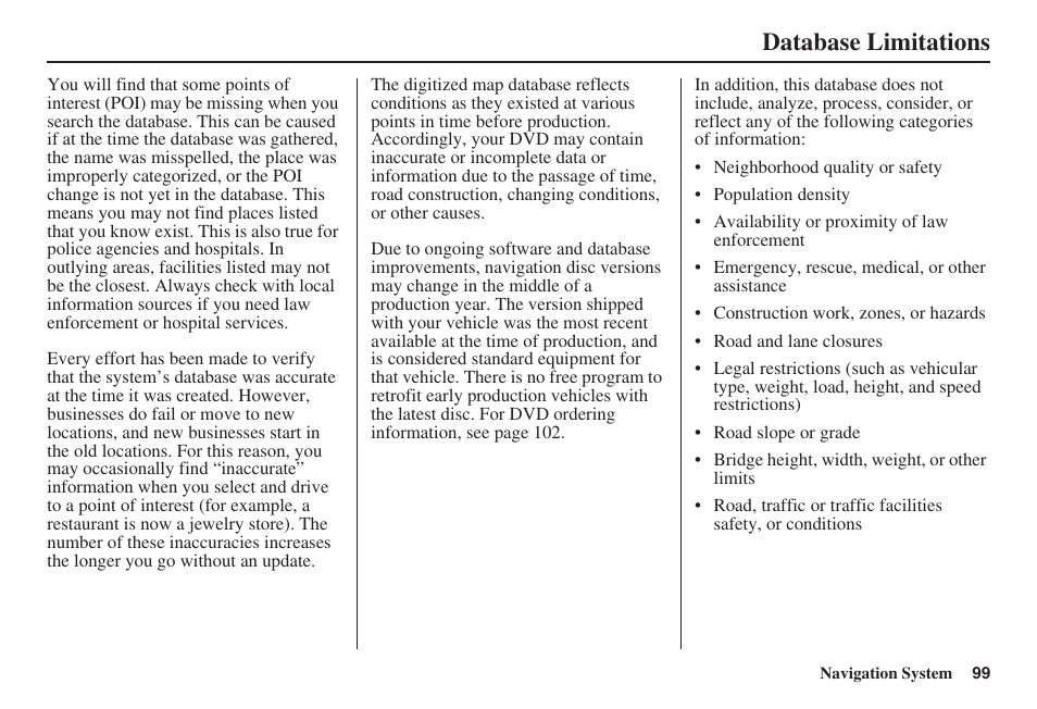 Database limitations | HONDA 2008 Civic Hybrid 00X31-SNC-8100 User Manual | Page 100 / 146