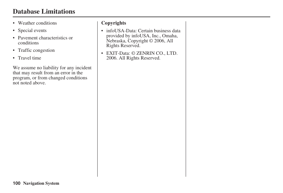 Database limitations | HONDA 2008 Civic Hybrid 00X31-SNC-8100 User Manual | Page 101 / 146