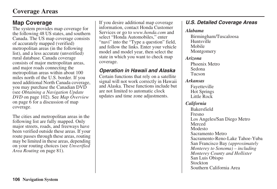 Coverage areas | HONDA 2008 Civic Hybrid 00X31-SNC-8100 User Manual | Page 107 / 146