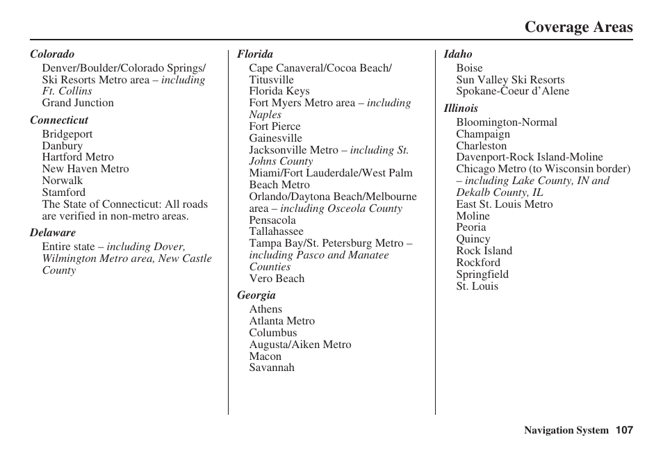 Coverage areas | HONDA 2008 Civic Hybrid 00X31-SNC-8100 User Manual | Page 108 / 146