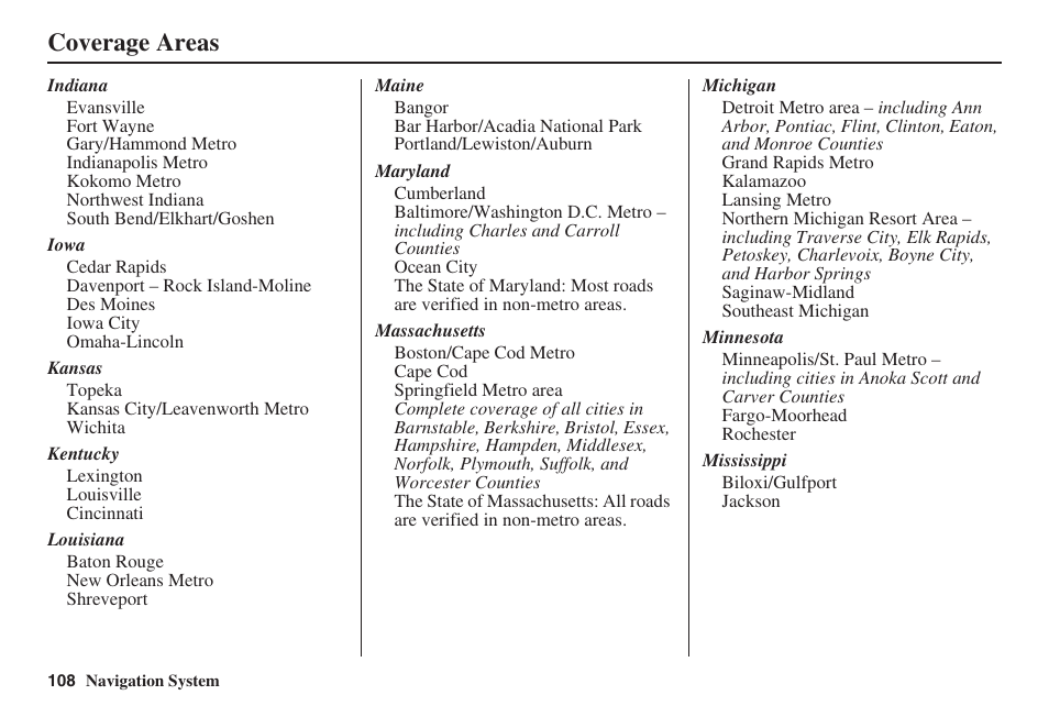 Coverage areas | HONDA 2008 Civic Hybrid 00X31-SNC-8100 User Manual | Page 109 / 146