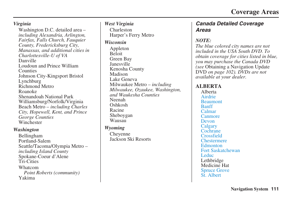 Coverage areas | HONDA 2008 Civic Hybrid 00X31-SNC-8100 User Manual | Page 112 / 146