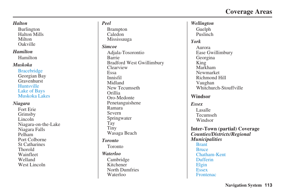 Coverage areas | HONDA 2008 Civic Hybrid 00X31-SNC-8100 User Manual | Page 114 / 146