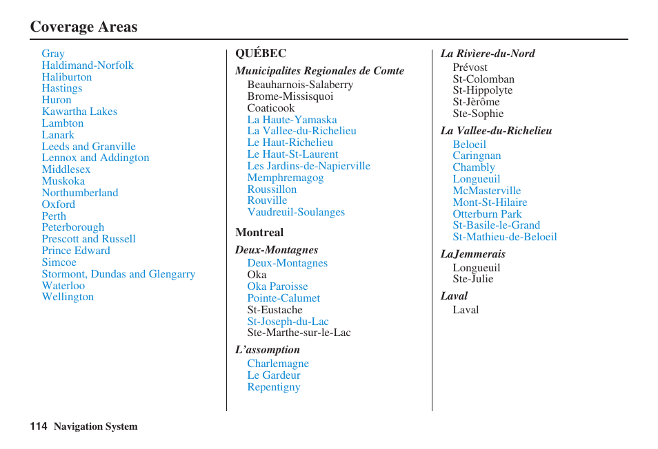 Coverage areas | HONDA 2008 Civic Hybrid 00X31-SNC-8100 User Manual | Page 115 / 146