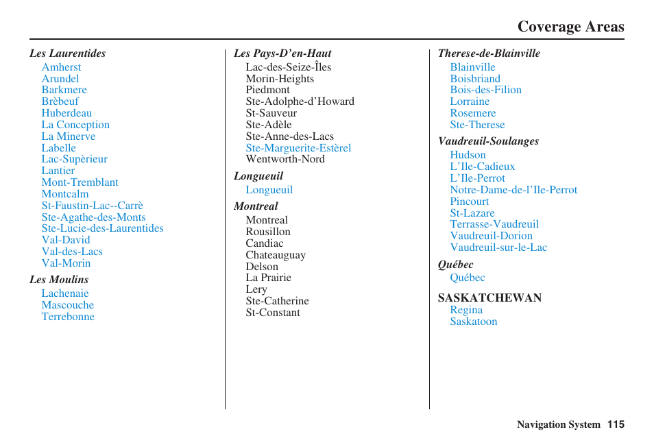 Coverage areas | HONDA 2008 Civic Hybrid 00X31-SNC-8100 User Manual | Page 116 / 146