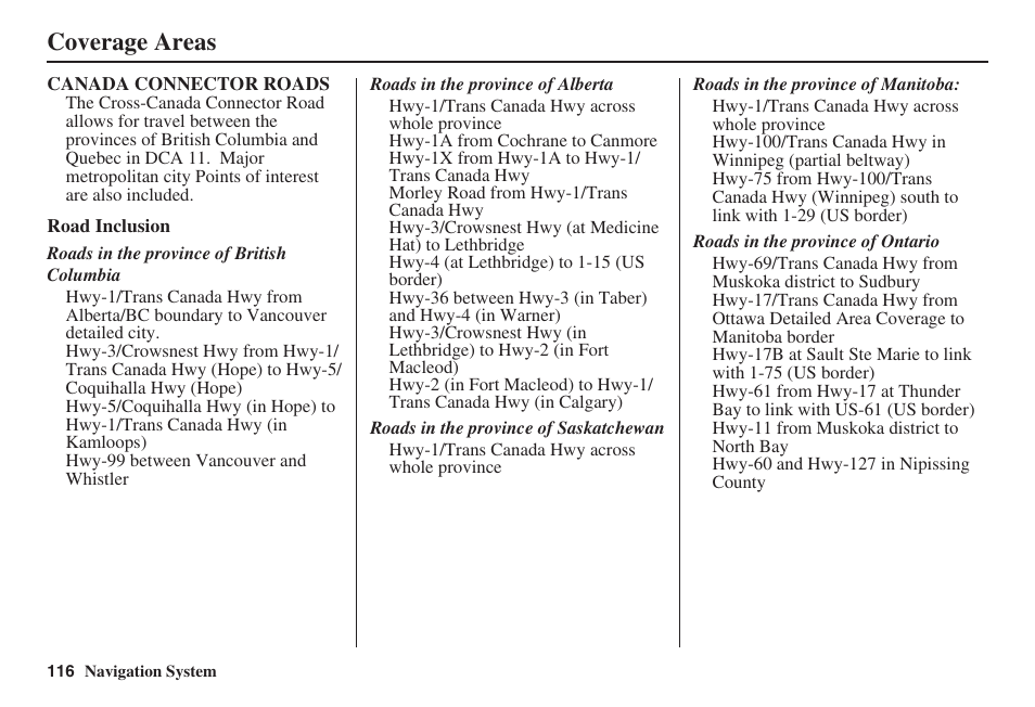 Coverage areas | HONDA 2008 Civic Hybrid 00X31-SNC-8100 User Manual | Page 117 / 146