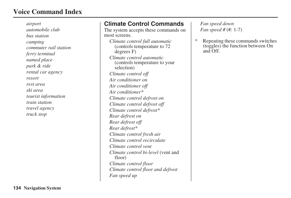 Voice command index | HONDA 2008 Civic Hybrid 00X31-SNC-8100 User Manual | Page 135 / 146