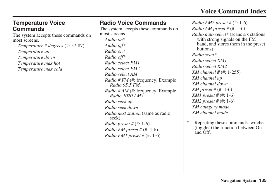 Voice command index | HONDA 2008 Civic Hybrid 00X31-SNC-8100 User Manual | Page 136 / 146