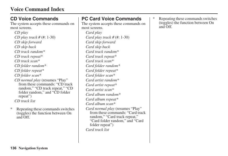 Voice command index | HONDA 2008 Civic Hybrid 00X31-SNC-8100 User Manual | Page 137 / 146